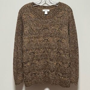cj banks classic warm brown rainbow flecked cable-knit rustic crewneck sweater